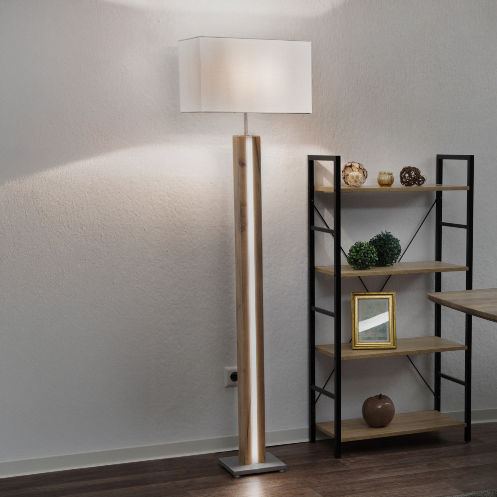 Stehleuchte Forest, holz/beige, Textil, E27 + LED, dimmbar
